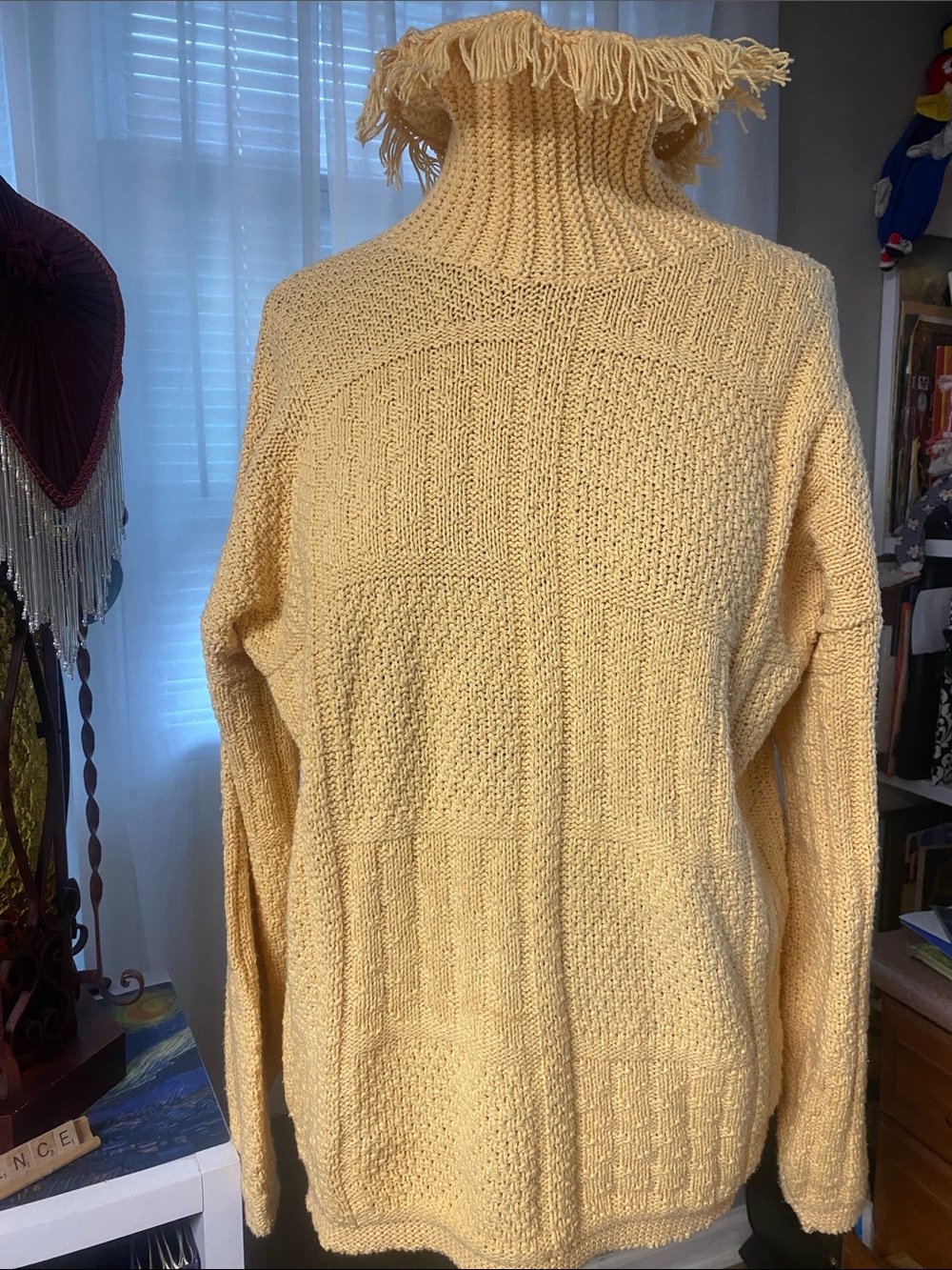 Vintage 80s/90s Hunt Club Patchwork Knit Fringe Turtleneck Sweater Size Large